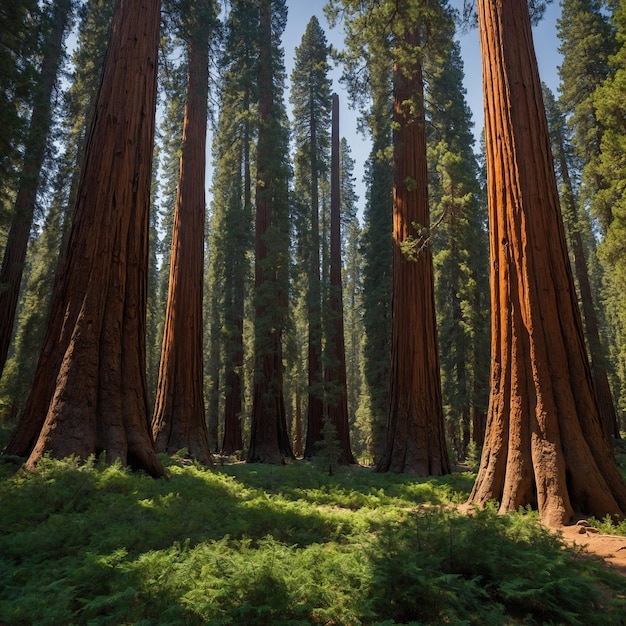 Foto descreva um encontro mágico com um bosque escondido de sequóias seus troncos elevados e verdes