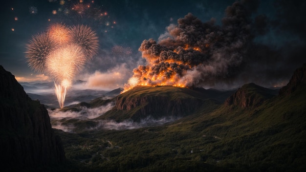 Descreva uma paisagem de fantasia onde criaturas mágicas acendem explosões de fogos de artifício encantadores.