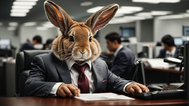 Describa la rutina diaria de un conejo diligente vestido con ropa de negocios trabajando en una computadora en