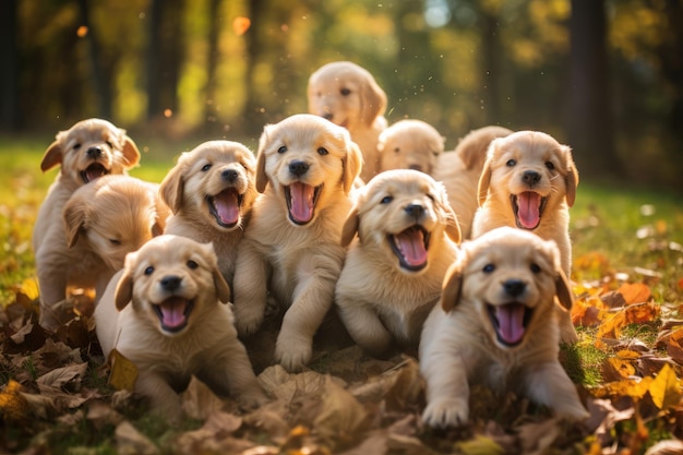 Foto describe las alegres travesuras de una camada de cachorros generados por ai