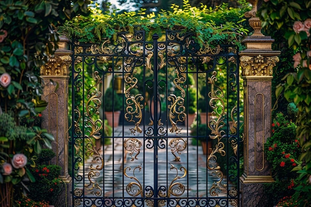 Describe un jardín secreto escondido detrás de un ornamentado w generativo ai