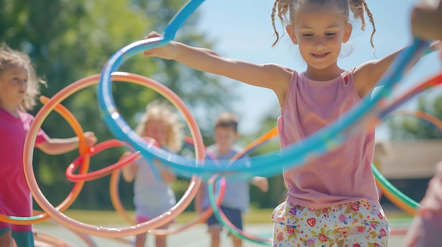 Descrição da imagem Um grupo de crianças está brincando com hula hoops em um parque Eles estão todos sorrindo e se divertindo