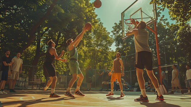 Descrição da imagem Um grupo de jovens joga basquete em uma quadra ao ar livre