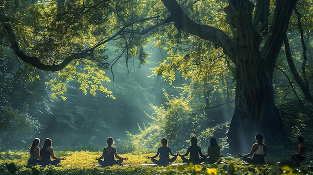 Descrição da imagem Um grupo de mulheres está meditando em uma floresta Eles estão todos sentados em círculo com os olhos fechados