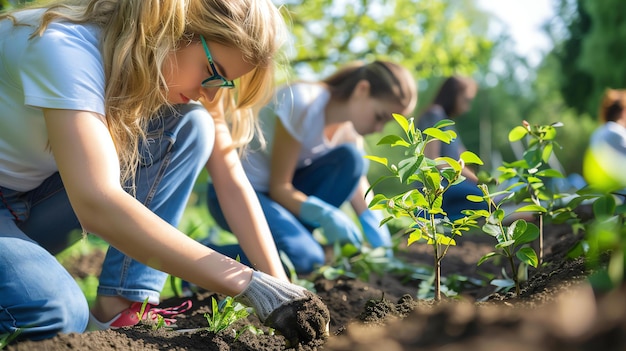 Descrição da imagem Uma jovem está plantando uma árvore no chão enquanto outras duas mulheres estão trabalhando ao fundo