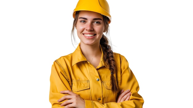 Descrição da imagem Uma jovem mulher vestindo um chapéu amarelo e uma jaqueta amarela sorri para a câmera