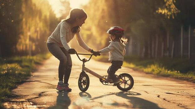 Descrição da imagem Uma mãe e seu filho estão andando de bicicleta juntos A mãe está sorrindo e segurando a mão da criança