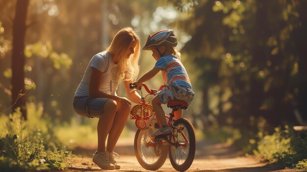 Descrição da imagem Uma mãe está ajudando seu filho pequeno a andar de bicicleta no parque