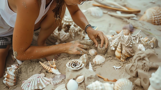 Foto descrição da imagem uma mulher está fazendo um castelo de areia na praia ela está usando uma variedade de conchas para decorá-lo