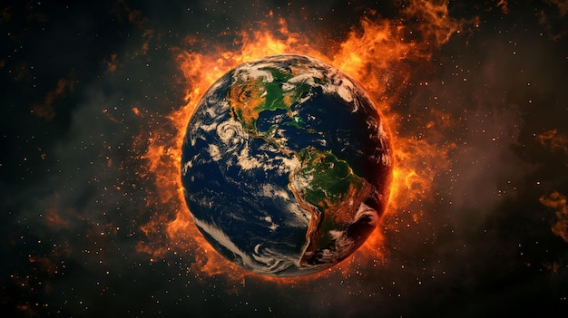 Descrição Uma imagem altamente detalhada da Terra envolvida em chamas imponentes contra um fundo nublado escuro
