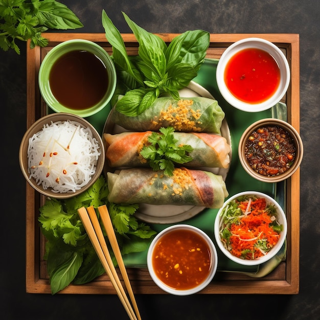 Descripción culinaria vietnamita Pho y rollitos de primavera en un acogedor diseño plano