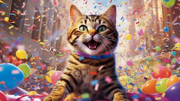 Descripción del Día del Gato Celebrándolo Esta imagen animada captura a un gato tabby juguetón rodeado