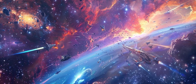 Descripción Una encantadora foto ultra nítida que captura naves espaciales aventurándose audazmente en el espacio profundo