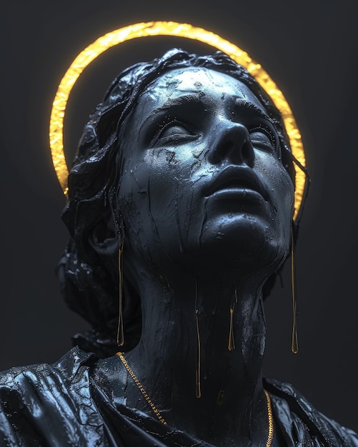 Descripción hipnotizante de una estatua de dios con un halo dorado divino glitch atractivo de glitch estética mezclando lo sagrado y moderno en una expresión artística única y surrealista
