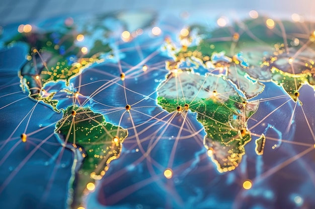 Descripción ilustrativa de una red global con líneas de conexión vibrantes a través de los continentes en un mapa detallado de la Tierra que destaca la conectividad global
