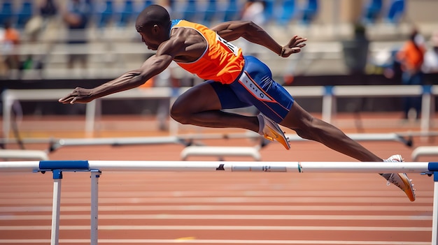 Foto descripción de la imagen un atleta de atletismo está atravesando un obstáculo durante una carrera él lleva un uniforme naranja y azul y está en medio paso