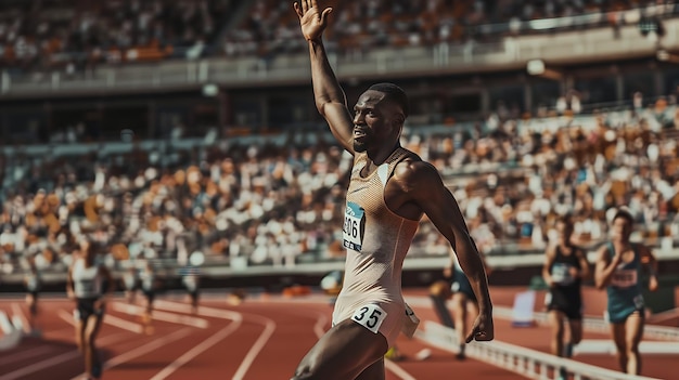 Descripción de la imagen Un atleta de atletismo está celebrando su victoria en una carrera Tiene su brazo derecho levantado en el aire