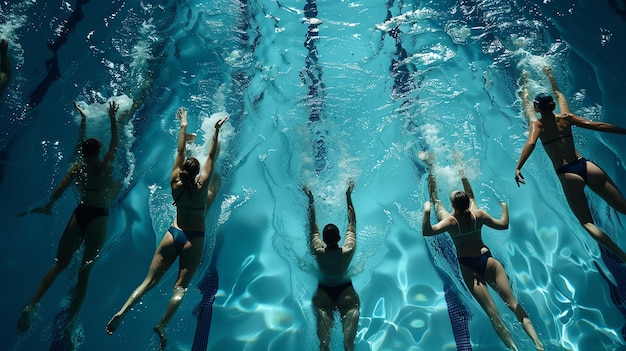 Descripción de la imagen Cinco nadadores sincronizados en trajes de baño azules nadan en una piscina