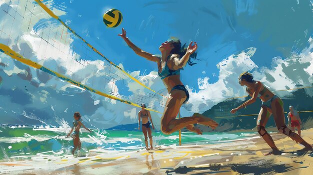 Descripción de la imagen Cuatro mujeres juegan voleibol de playa en un día soleado Las mujeres llevan trajes de baño y están todas en medio de la acción
