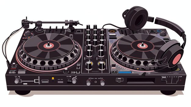 Foto descripción de la imagen un elegante controlador de dj negro con dos tocadiscos un mezclador y un par de auriculares