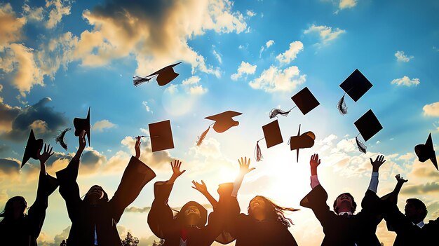 Descripción de la imagen Esta es una foto de un grupo de estudiantes celebrando su graduación están lanzando sus gorras en el aire y aplaudiendo