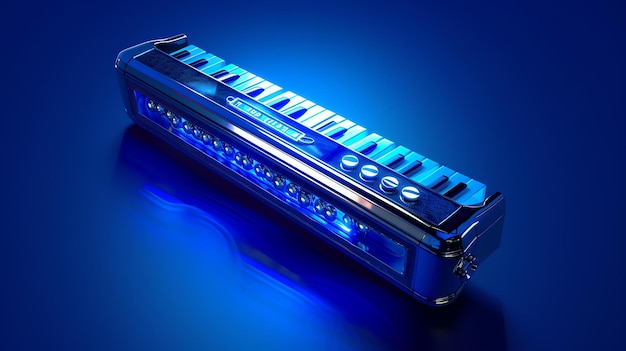 Foto la descripción de esta imagen es una representación 3d de un sintetizador vintage con un brillo de neón azul el sintetizador está sentado en una superficie reflectante