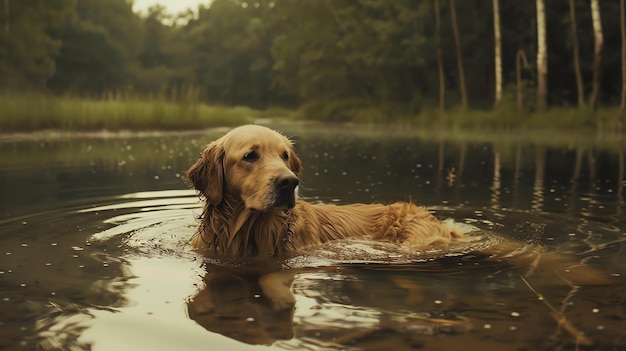 Descripción de la imagen Un Golden Retriever está nadando en un lago en un día soleado