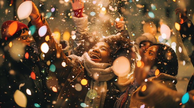 Descripción de la imagen Un grupo de amigos diversos están celebrando la víspera de Año Nuevo en la ciudad