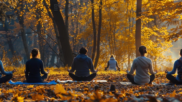 Descripción de la imagen Un grupo de cinco personas están sentadas en una postura de yoga en un bosque