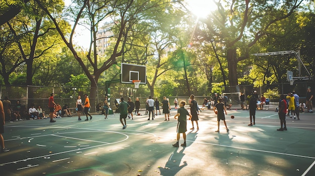 Foto descripción de la imagen un grupo de personas están jugando al baloncesto en un parque