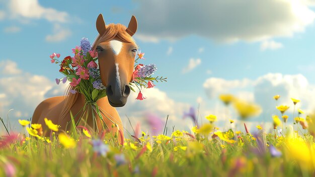 Descripción de la imagen Un hermoso caballo marrón está de pie en un campo de flores El caballo lleva una corona de flores y tiene una expresión suave en su cara