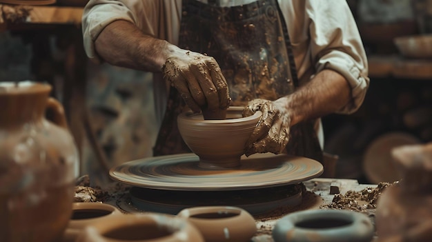 Foto descripción de la imagen la imagen muestra a un alfarero trabajando. está moldeando cuidadosamente un cuenco en una rueda de alfareros.