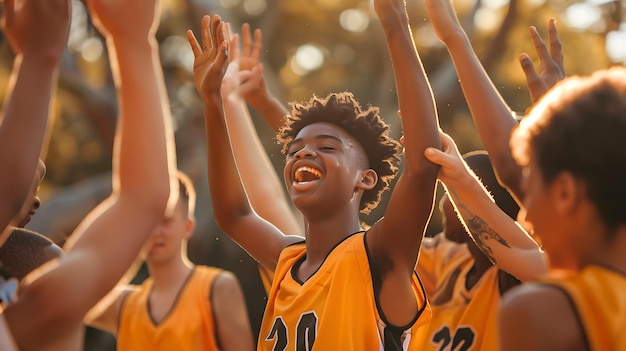 Foto descripción de la imagen un joven jugador de baloncesto celebra con su equipo después de anotar una canasta