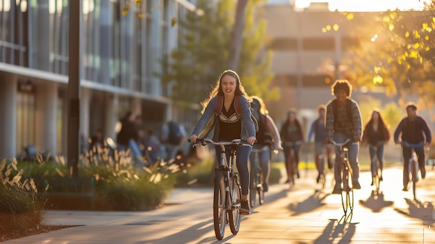 Descripción de la imagen Una joven monta su bicicleta en un campus universitario Ella está sonriendo