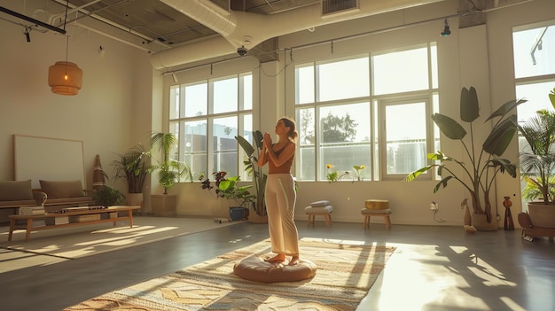 Foto descripción de la imagen una joven practica yoga en un hermoso estudio iluminado por el sol