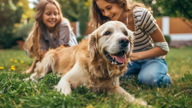 Descripción de la imagen Una joven y su hija están jugando con un golden retriever en el parque