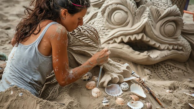 Foto descripción de la imagen una mujer está esculpindo un castillo de arena en la playa ella está usando una variedad de herramientas para crear los detalles intrincados del castillo