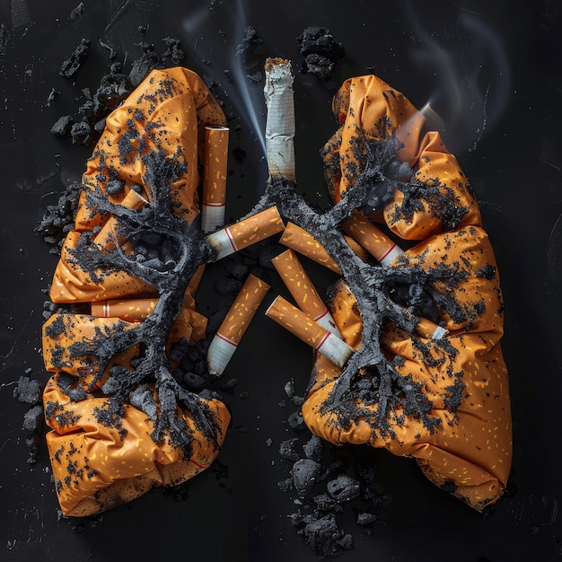 Foto descripción sombría de los cigarrillos que dañan los pulmones sanos y desalientan los hábitos de tabaquismo