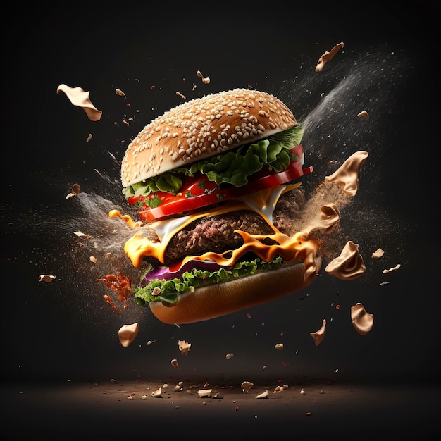 Descuartización de hamburguesas voladoras con condimentos separados, explosión de sabores y colores creados con tecnología de IA generativa