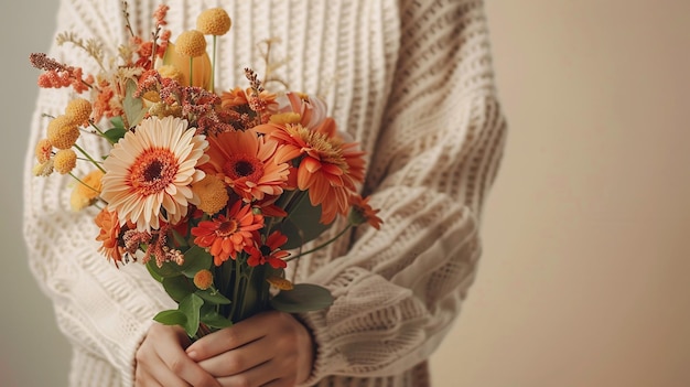 Descubra a beleza do outono com um close de uma mulher segurando um buquê de flores de laranja