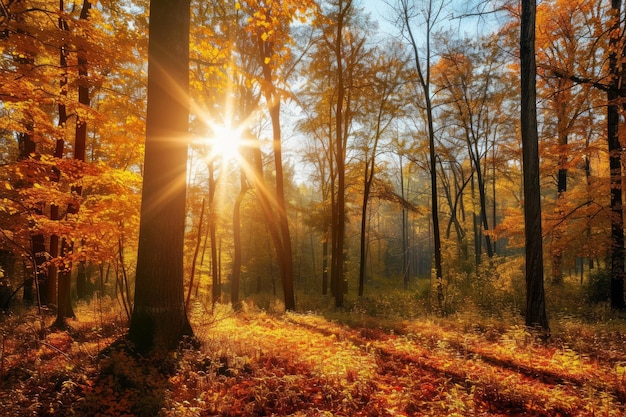 Descubra a beleza encantadora de uma floresta de outono adornada com cores vibrantes durante a manhã vívida