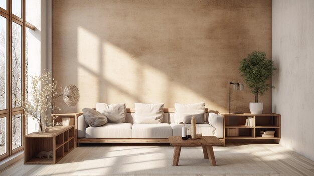 Foto descubra a essência da sala de estar beige aconchegante de japandi com estética de madeira e moderna