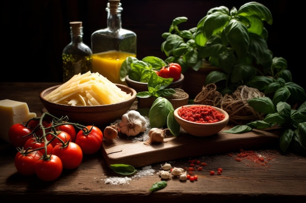 Foto descubra la combinación perfecta de ingredientes frescos para productos auténticos de preparación de pasta