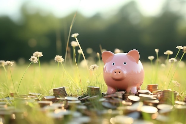 Descubra el dinero de Pink Piggy Bank anidado en la hierba verde exuberante de la IA generativa