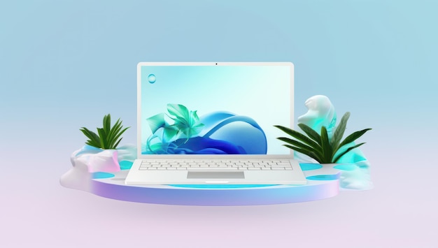 Descubra un espacio de trabajo digital moderno con una computadora portátil elegante en un podio mínimo que muestra conceptos de negocios creativos inspiración de Internet y un diseño de pantalla en blanco para infinitas posibilidades