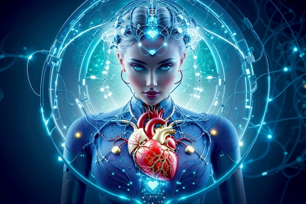 Descubra el futuro de la atención médica con esta obra de arte surrealista pero realista de un corazón como centro de control de tecnología médica generada por IA.