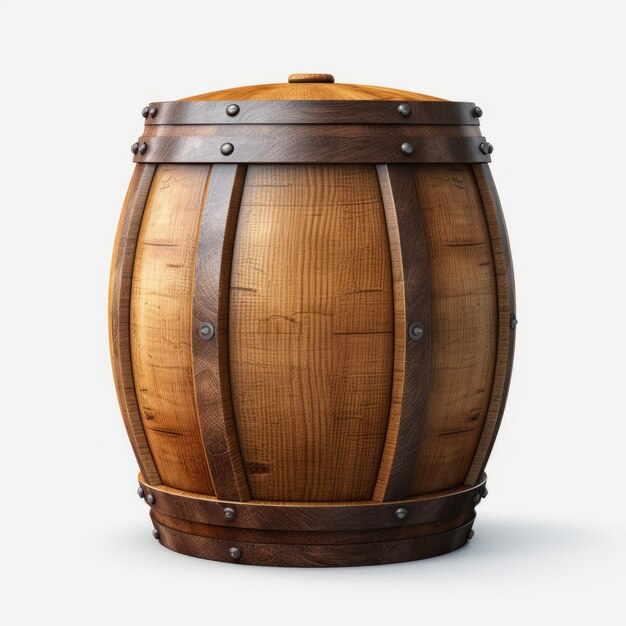 Descubra o encantador e impressionante detalhe de um barril de madeira vintage em um fundo branco puro