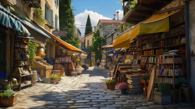 Descubra una pintoresca plaza del pueblo transformada en una bulliciosa feria de libros donde los vendedores ofrecen cuentos de aventura, romance e intriga de todo el mundo.