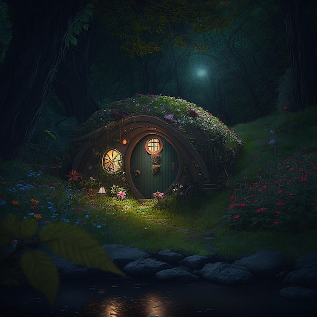 Descubra uma charmosa casa Hobbit adornada com flores e luzes em uma IA escura