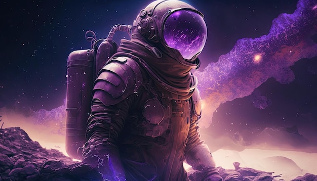 Descubre mundos alienígenas con esta cautivadora bacteria Firefly que emite un brillo púrpura fantasmal blindado en trajes espaciales en la superficie de un planeta distante con un cielo galáctico impresionante IA generativa